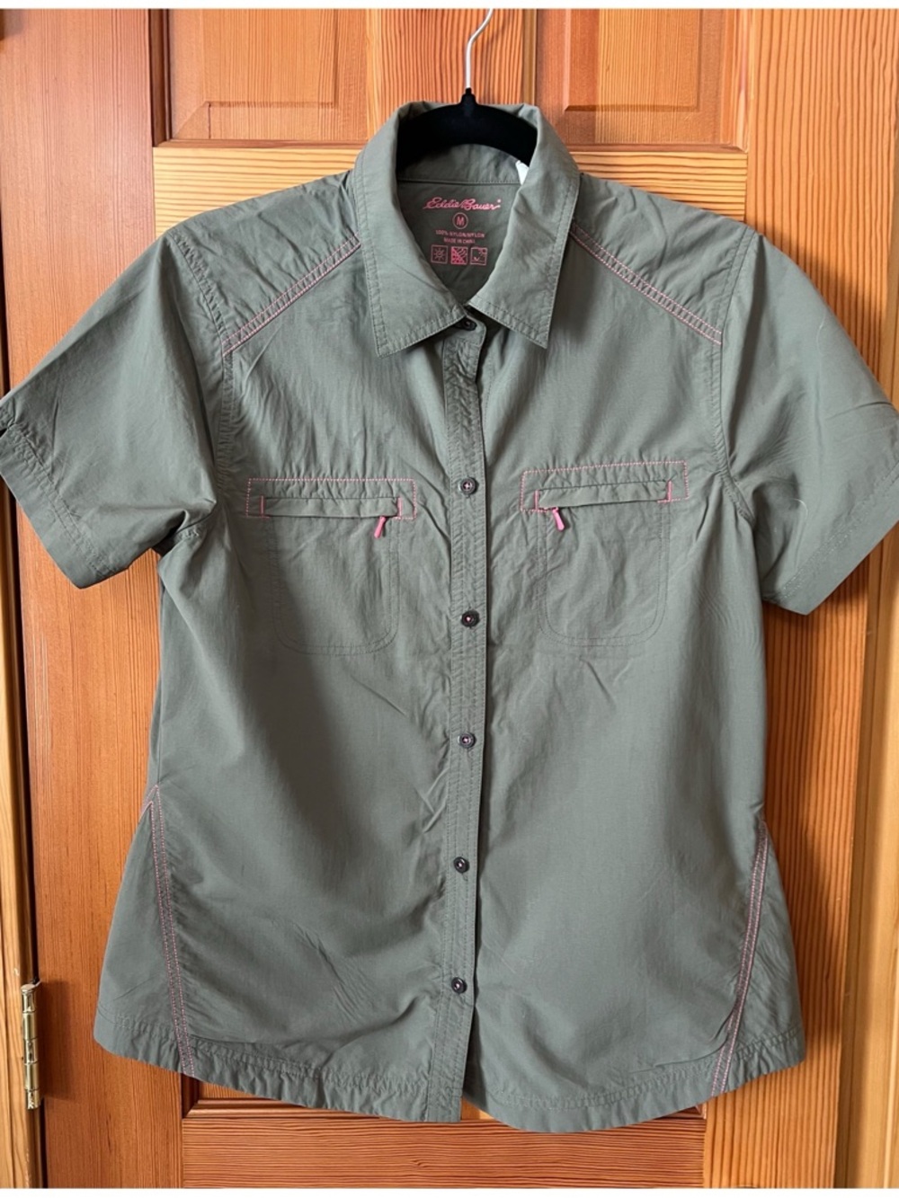 Eddie Bauer Women’s Short-Sleeve Button Shirt - Olive with Pink Accents